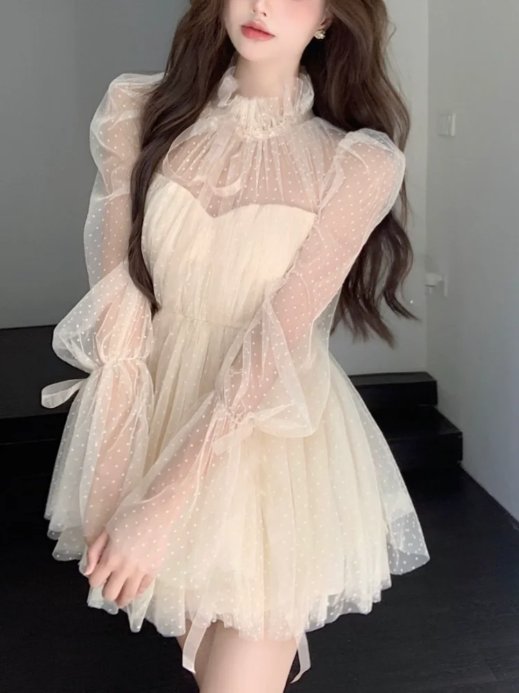 

Fairy Dot Y2k Mini Dress Woman Solid Vintage Puff Sleeve Dress Kawaii Slim 2022 Spring Korean Fashion Evening Party Dress Gothic