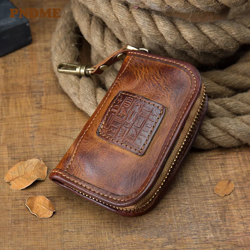 Vintage handmade natural real cowhide men's women's key cases fashion casual genuine leather samll ID card holder coin purse