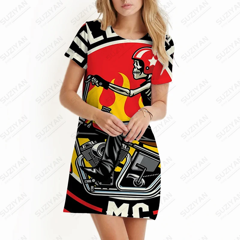 

2023 Summer New Women's Street Hip Hop Short Sleeve Dress 3D High Quality Large Retro Motorcycle Print Short Sleeve Dress
