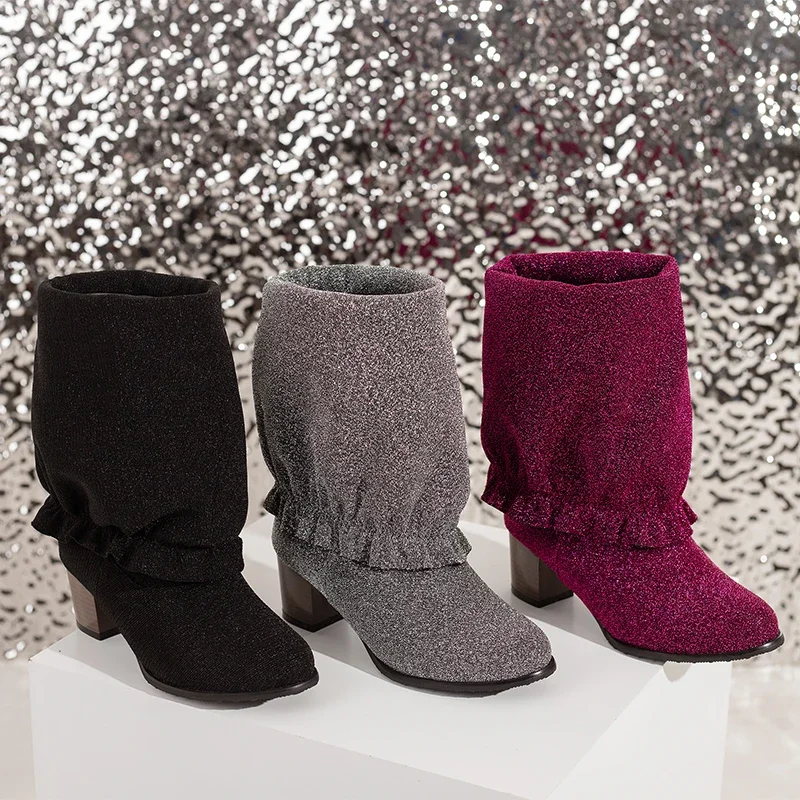 Модные ботинки из блестящей ткани с блестками и перевернутым краем фиолетовые