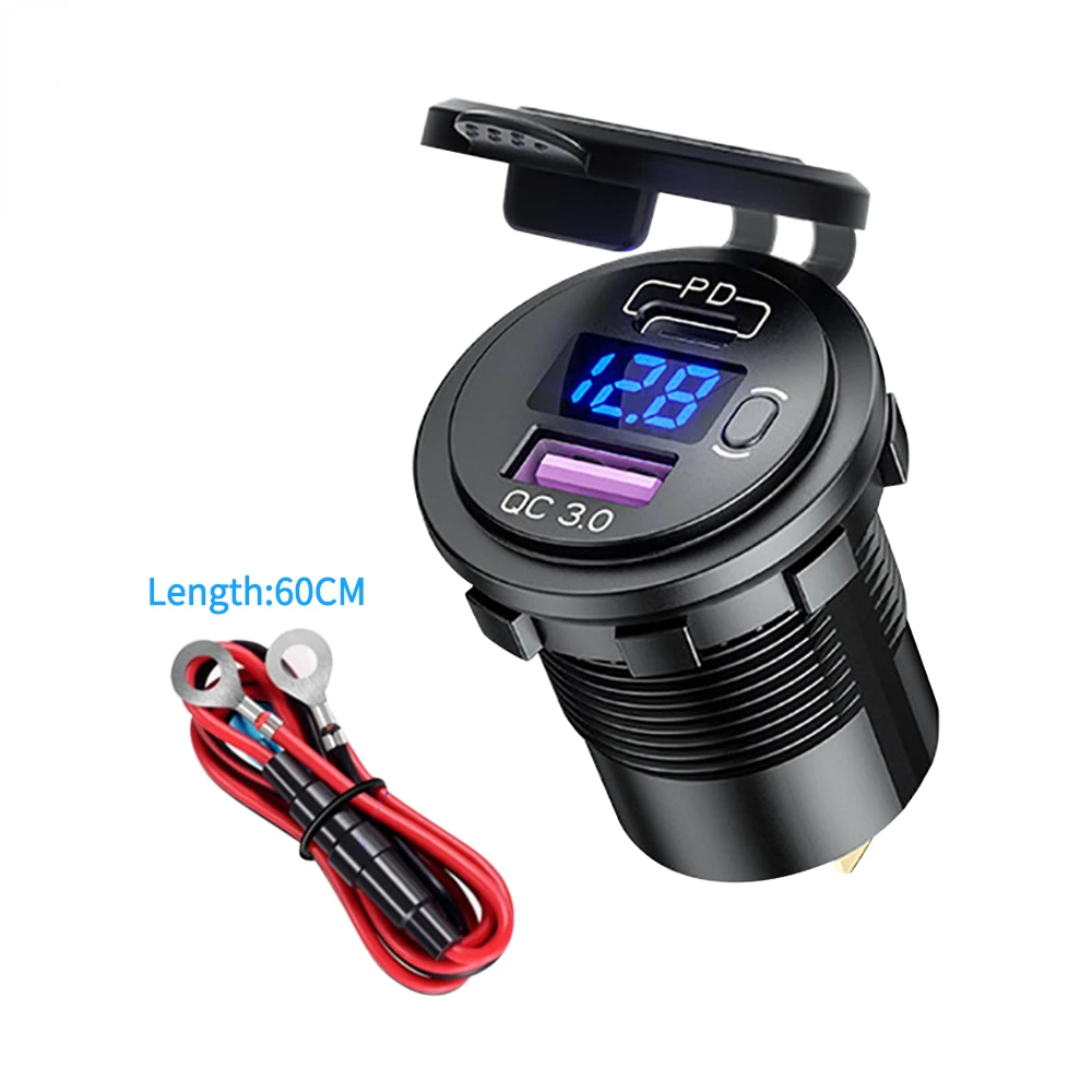 

PD Type C/QC 3.0 USB Charger with button Switch LED Voltmeter Power Outlet Fast Charging for 12V 24V Car Truck Motorcycle RV