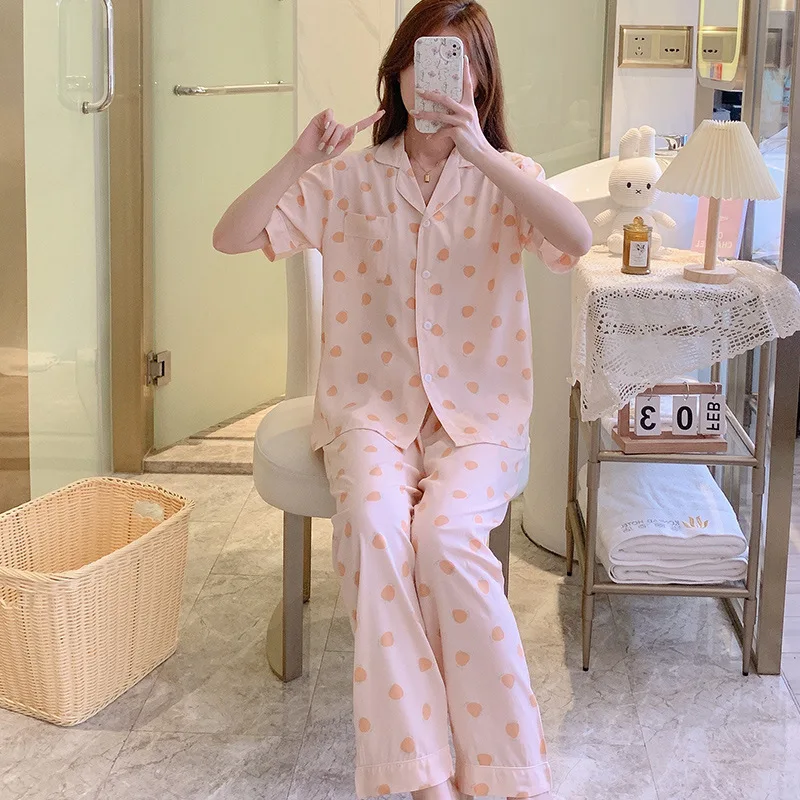 Summer Pajamas Set Loungewear Thin Loose Sleepwear Big Size Women's Clothing Nightgowns Homewear Short Sleeve Turn-down Collar