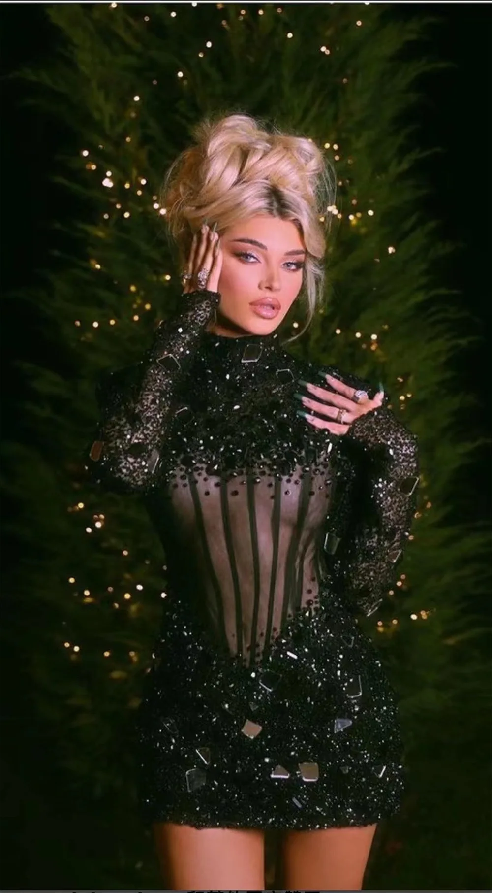 

2022 Birthday Black Mirror Corset Mesh See-through Mini Dress Sexy High Neck Long Sleeve Beaded Bodycon Dress Club Party