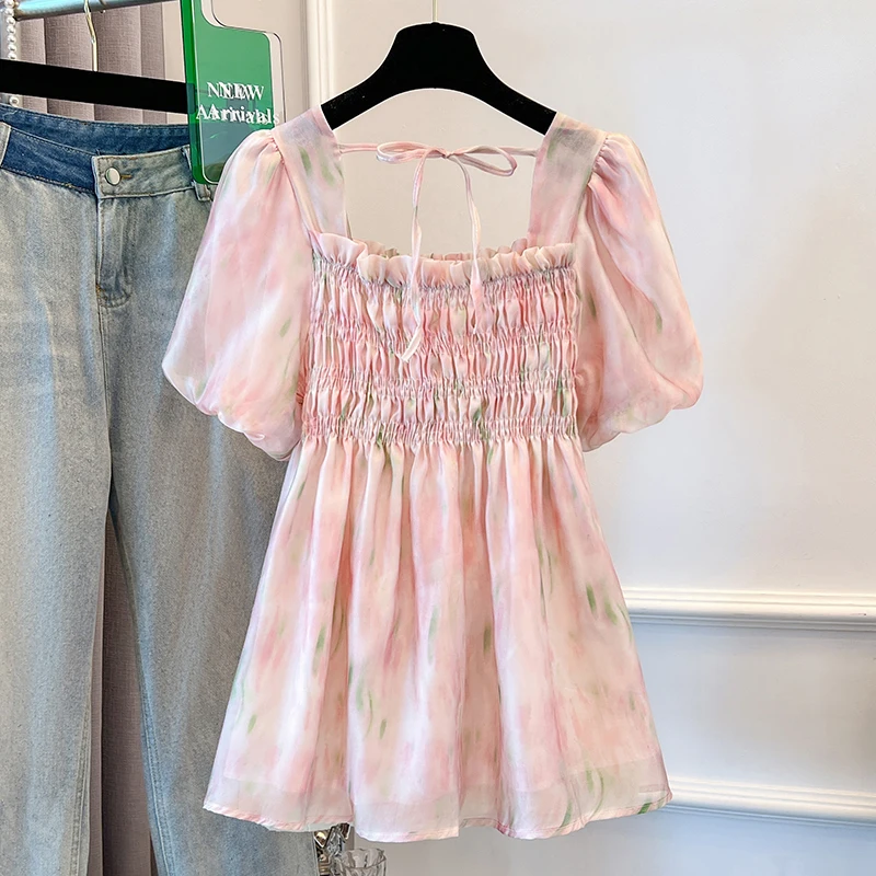 Женская рубашка с коротким рукавом и квадратным вырезом цветочным принтом |