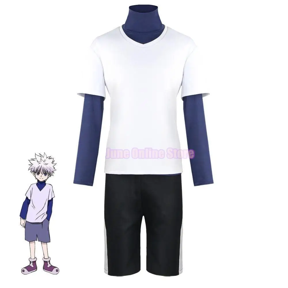 

Костюм для косплея из аниме Hunter x Hunter Killua Zoldyck с номером 99 значок на Хэллоуин Рождество вечеринка костюм рубашка футболка белый парик