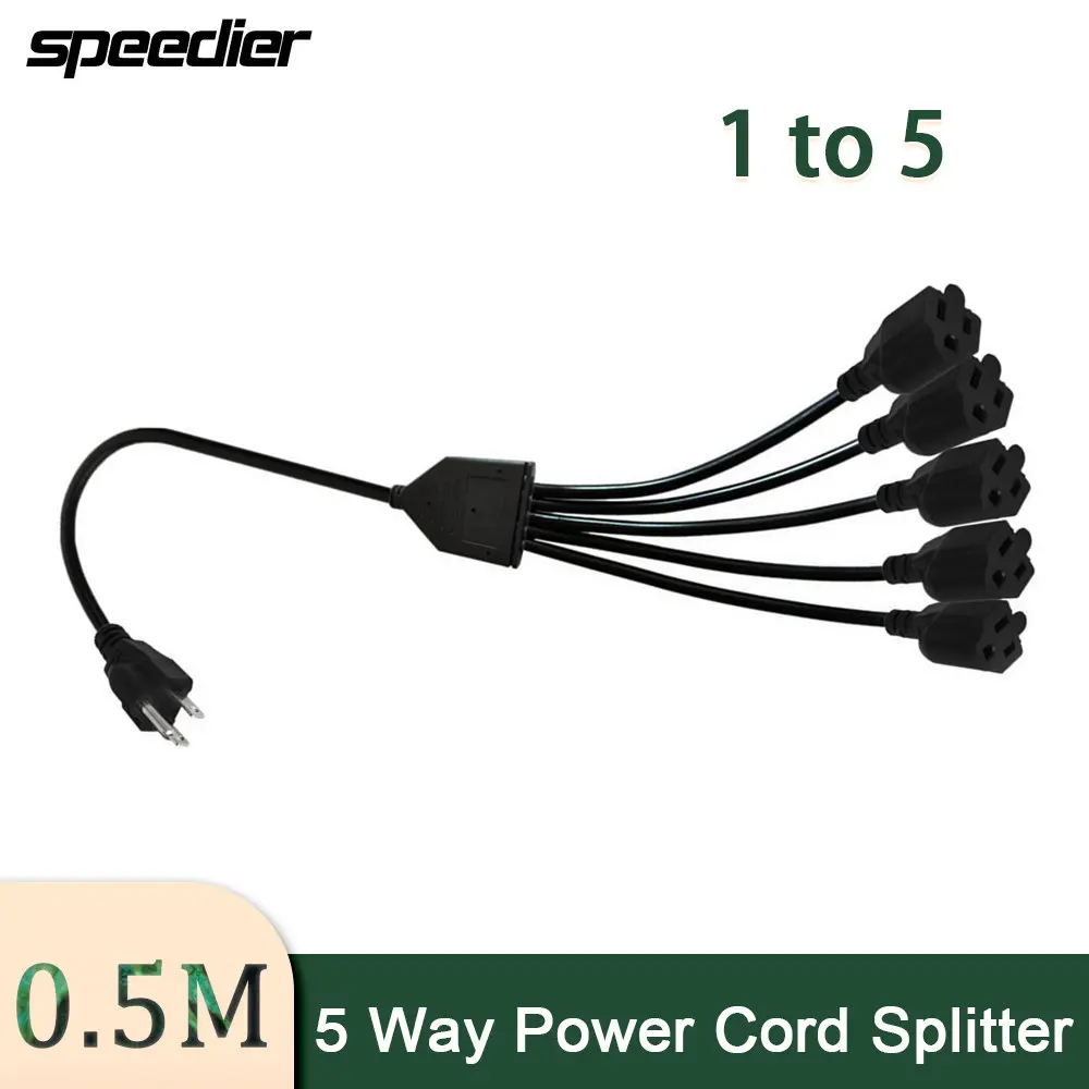 

5 Way Power Cord Splitter 3 Prong 1 To 5 Outlet Power Cable Strip-Outlet Saver Male To Female Power Extension Cable 0.5m 50cm