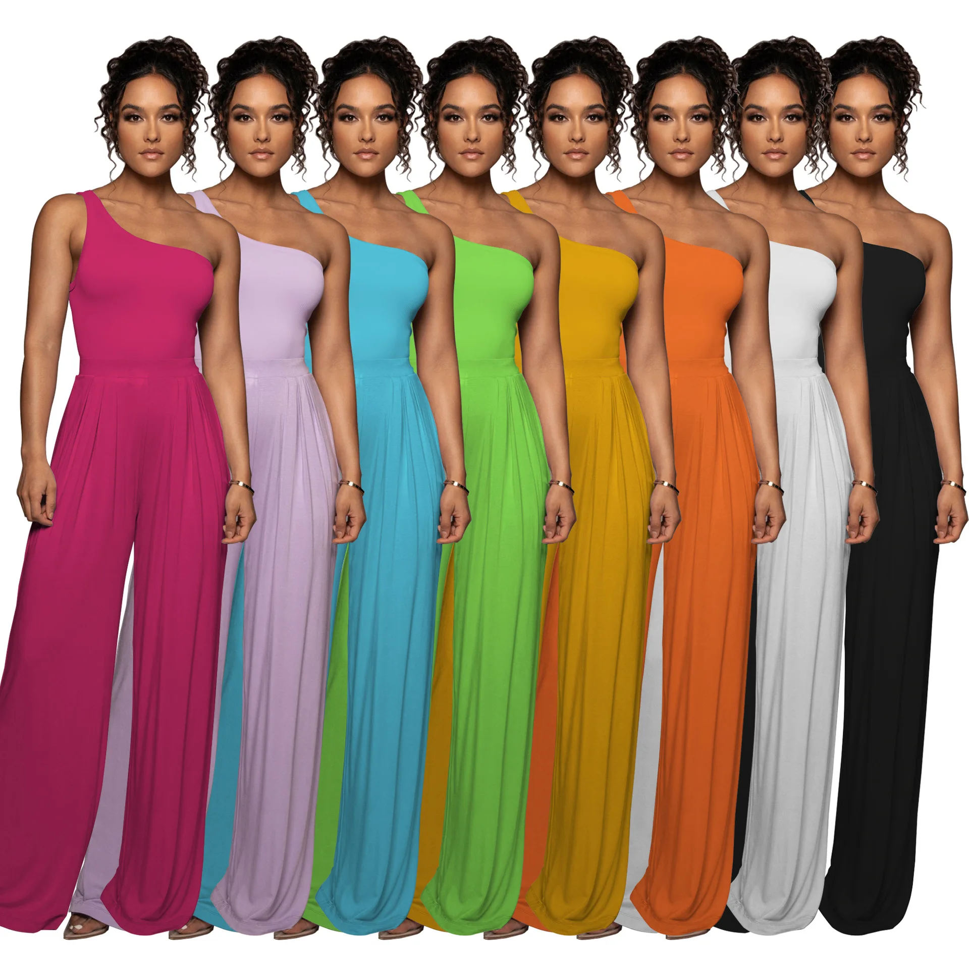 

Summer Sleeveless One Shoulder Sexy Tops Women 2022 Loose Wide Leg Pants Casual Solid Set of Two Fashion Pieces for Women
