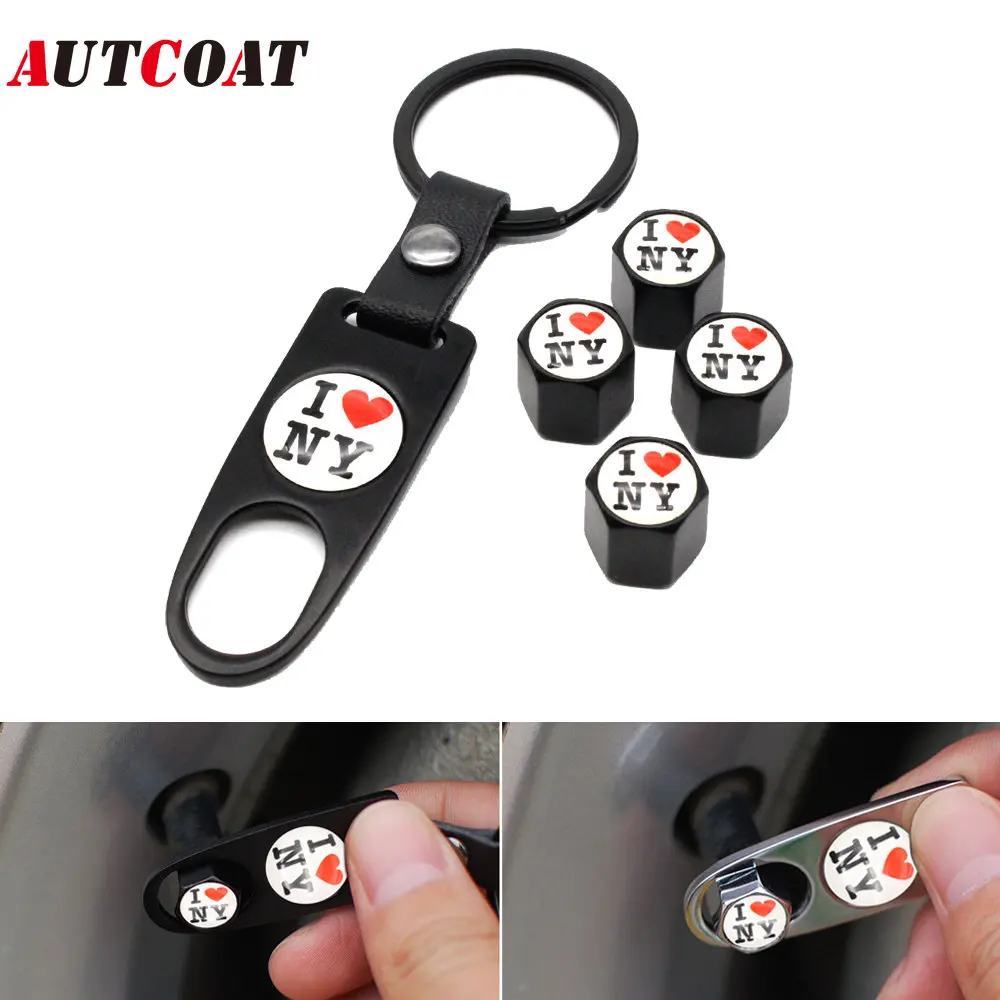 

4Pcs/Set Anti-theft Car Tire wheel Valve Stems I Love New York Style Air Caps With Leather buckle Wrench Zinc Alloy