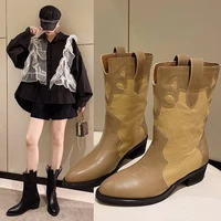 fashion boots women pointed toe mid calf boots thick square heel slip on casual western boots cowboy boots ladies botas de mujer