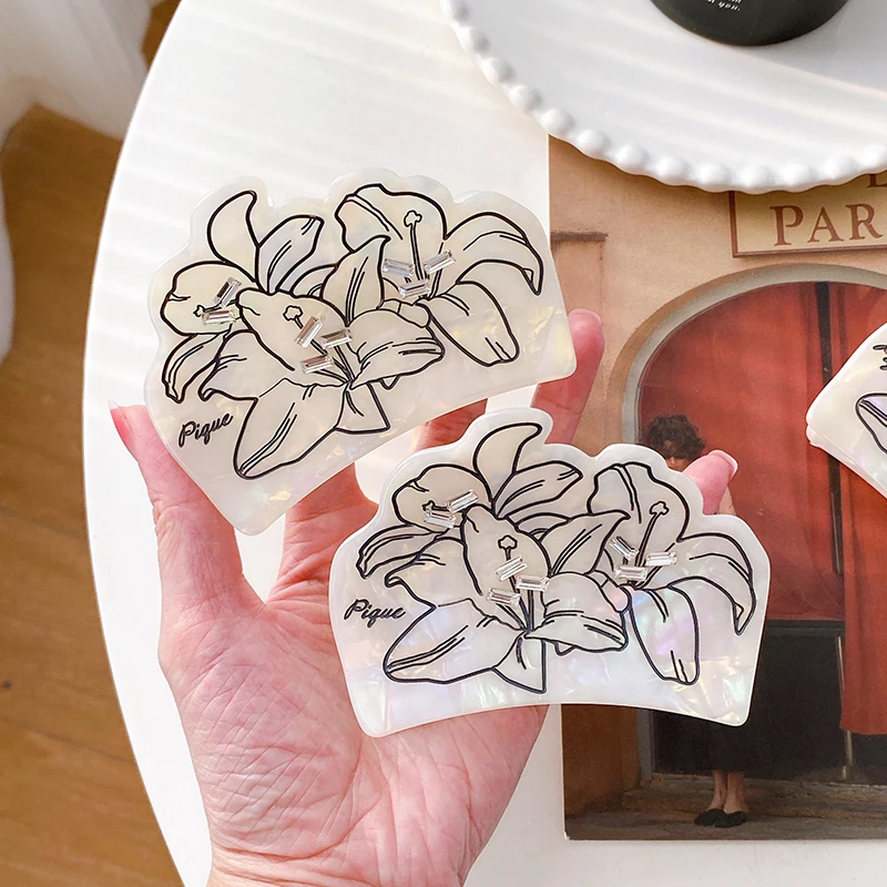 

High End Acetate Sculpture Lily Flower Painting Vintage Claw Clip Mosaic Diamond Hair Clip Luxury Hair Accessories For Woman
