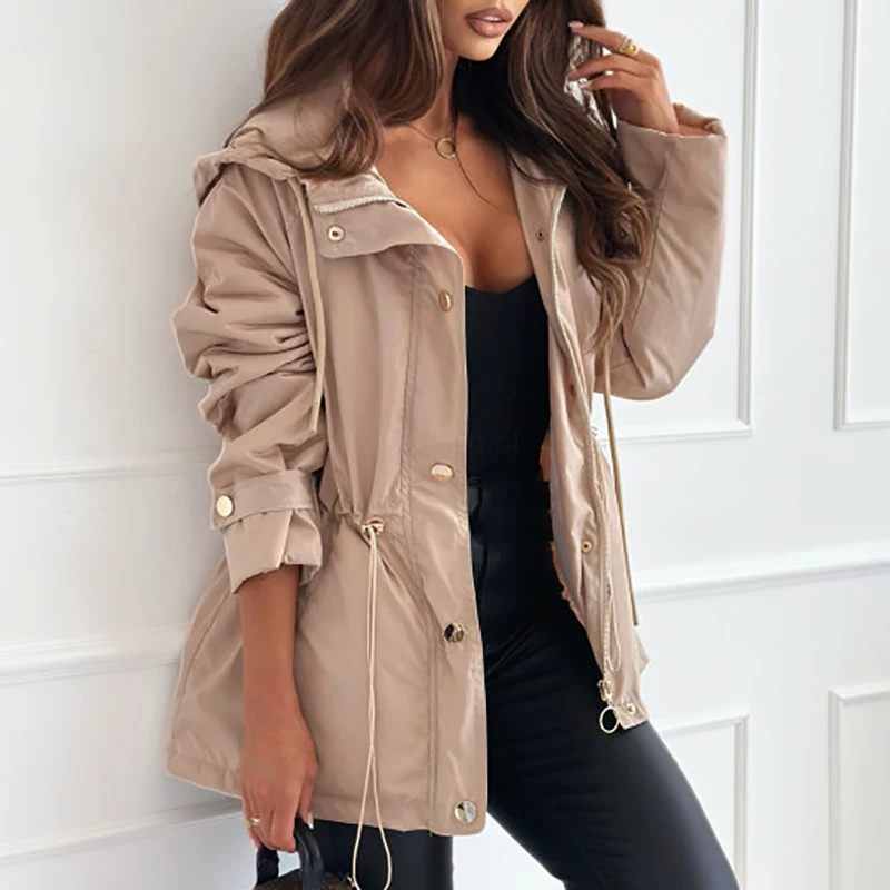 Винтажная однотонная куртка на молнии с капюшоном Офисная Женская короткая