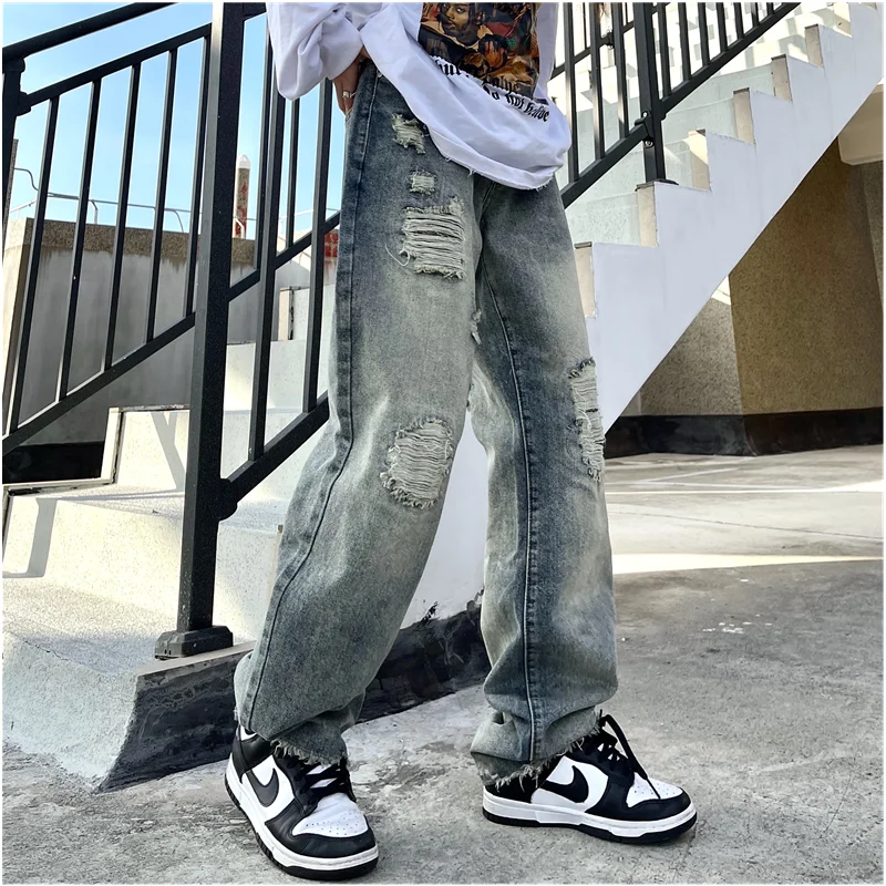 Men's 2022 New Wear Vintage Casual Ripped Blue Jeans Broad Leg Pants High Street Loose Straight Trousers Autumn and Winter Women