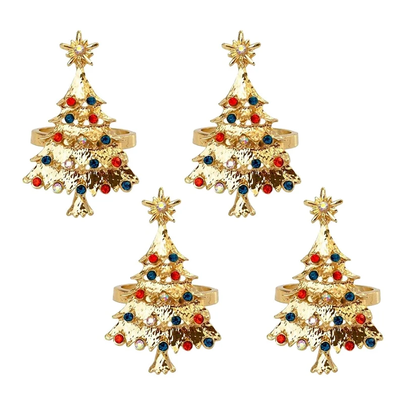 

Set of 4 Christmas Tree Napkin Rings Buckle Christmas Rhinestone Napkin Buckle for Christmas Wedding Dinner Table Decor