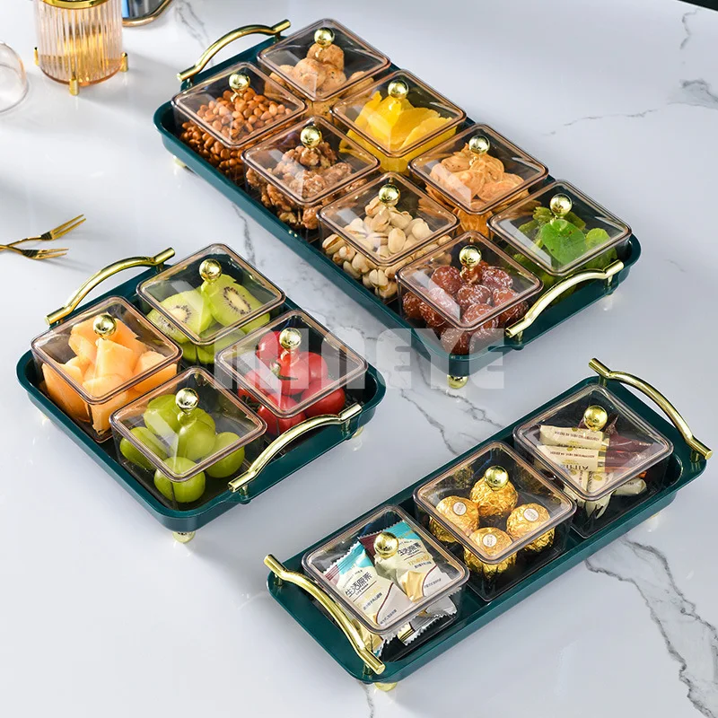 

Plastic Square Serving Dishes with Portable Tray Dry Fruit Snack Platter Candy Nuts Container with Lid Kitchen Spice Organizer