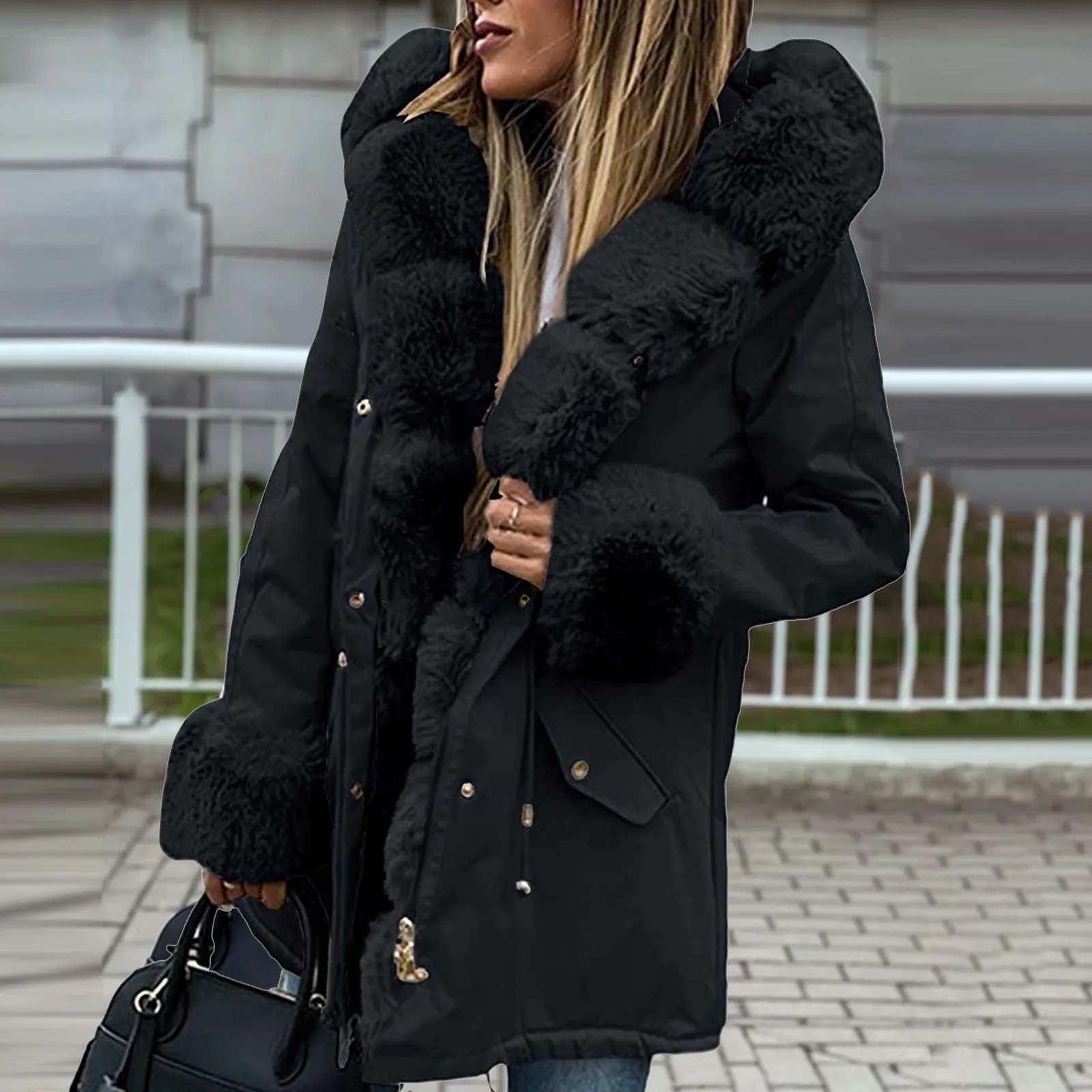 2022 Pie Overcome Women's Cotton Shirt Hooded Warm Zipper Cotton Shirt Fashion Solid Coat Detached Fur Collar