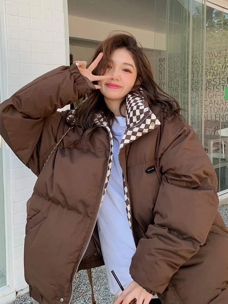 

Winter Cotton Jacket Women Zipper Loose Padded Coat Female Solid Thickening Warm Puffer Parkas Jackets Black White