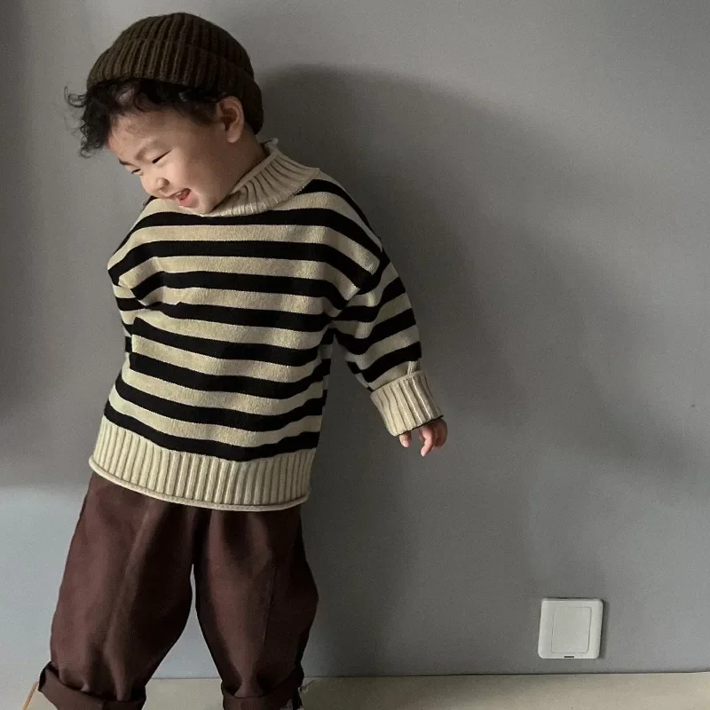 Детский утепленный вязаный свитер Классический Полосатый пуловер с