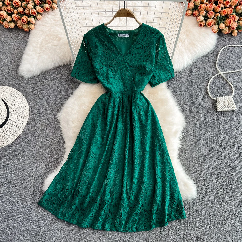 

Summer New Korean Version Gentle Wind Sweet Medium and Long V-neck Close Waist Thin Temperament A-word Lace Dress Short Sleeve