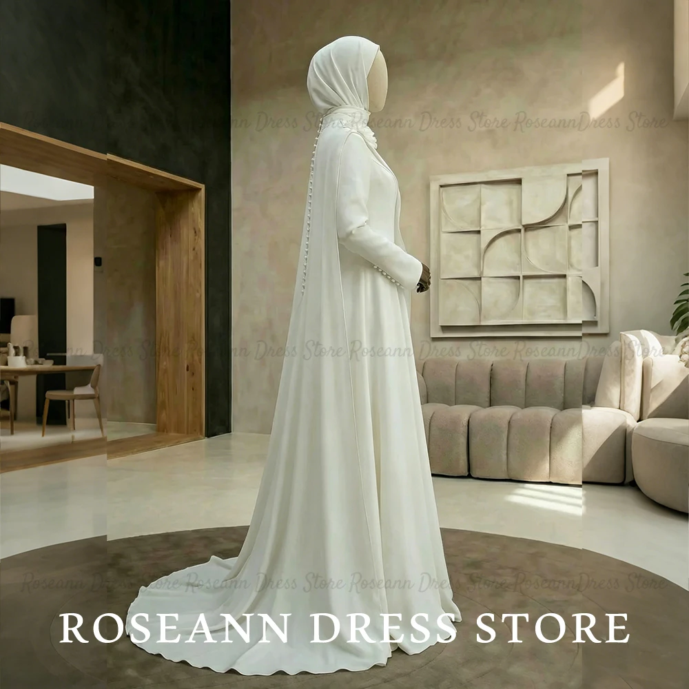 Фото Свадебное платье Roseann: скромное мусульманское атласное платье с высоким воротом, длинными рукавами, накидкой и 3D цветочным декором, свадебное платье (vestido de novia) на заказ №3