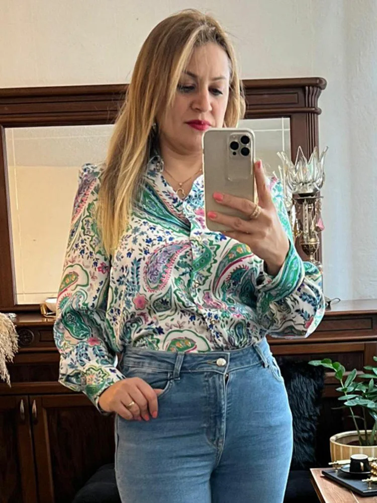 Green Paisley Print Office Ladies Blouse Fashion Spring Long Sleeve Women Satin Shirt Vintage Female Chic Tops 2022 Blusas