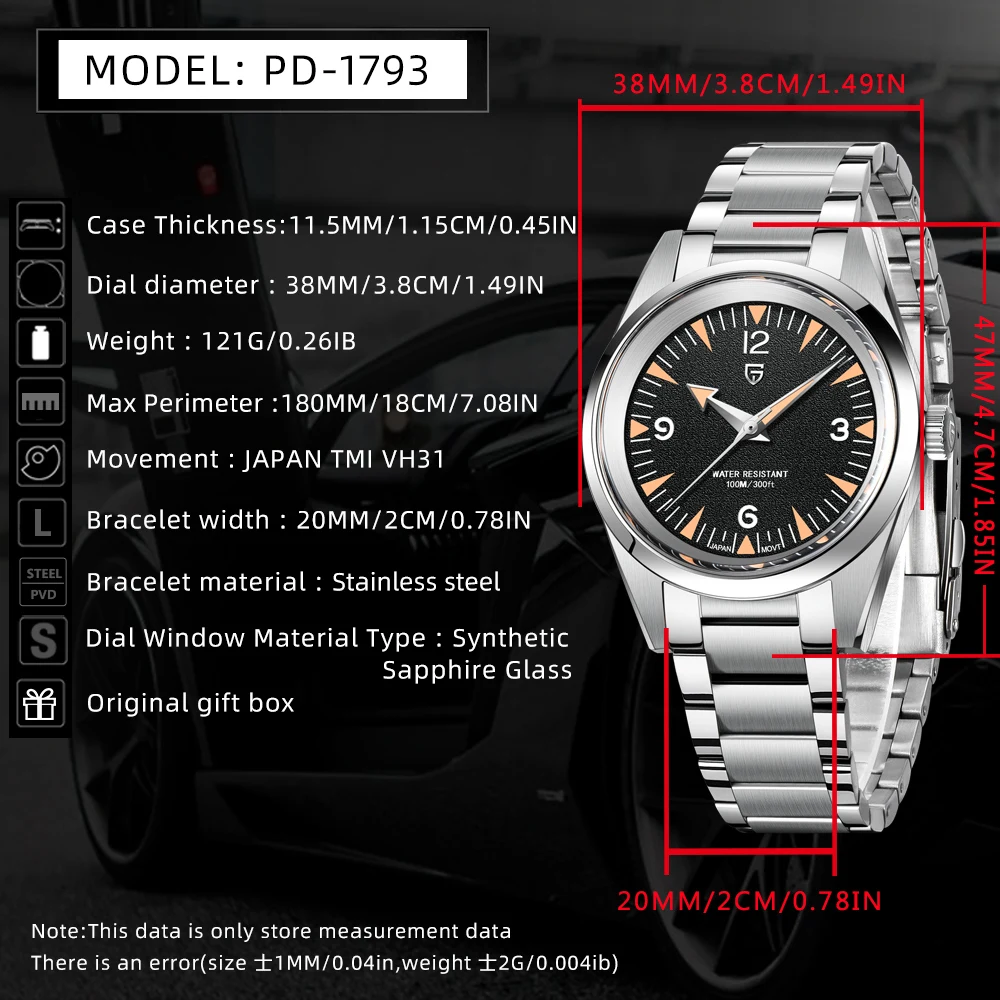 2024 PAGANI DESIGN Новые часы PD1793 38 мм Кварцевые наручные VK31 Механизм с сапфировым