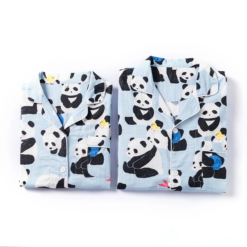 Long Cotton Pajama Suit For Couple Panda Sleepwear Spring Cute Style High Quality Nightgown For Women Men Loose Soft Homewear