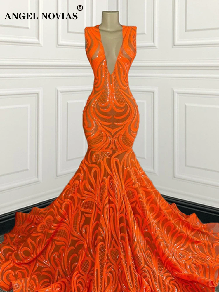 Женское вечернее платье-русалка длинное оранжевое платье с V-образным вырезом