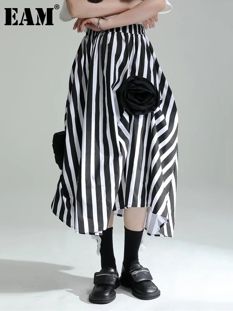 

[EAM] High Elastic Waist Black Striped Irregular Flower Half-body Skirt Women Fashion Tide New Spring Autumn 2023 1DE7322