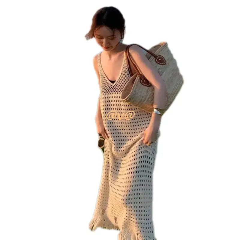 

Women's Crochet Hollow Out Beach Cover Ups Maxi Dress Sexy Sleeveless Deep V-Neck Swimwear Knitted Beach Dresses Gift