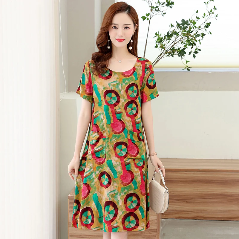

Beardon Women's Summer Cotton Silk Dress Short Sleeve Cotton Silk Print O-Neck Long Dress 2022 New