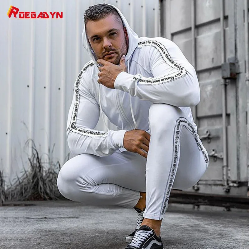 

ROEGADYN Long Sleeve Casual Sportswear Sweater Men'S Tight Zipper Shirt Hooded Suit For Fitness Outer Joggers Set Tracksuit Men