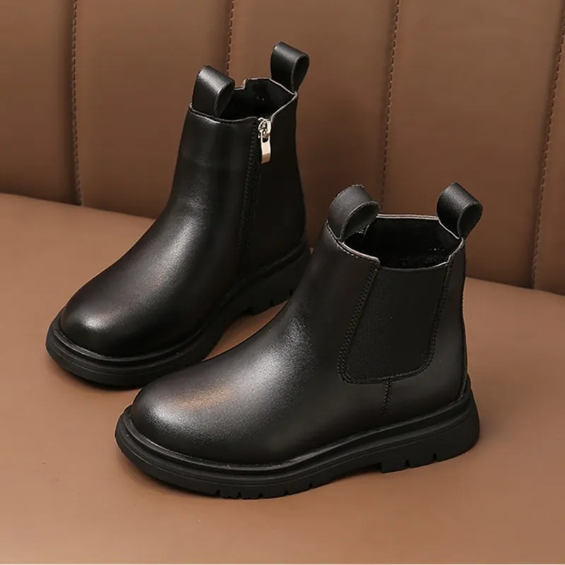 Children Short Boots PU Leather Ankle Length Chelsea Boots Girls Winter Autumn Anti-skid Vintage Pipe Booties Size 27-37 Black