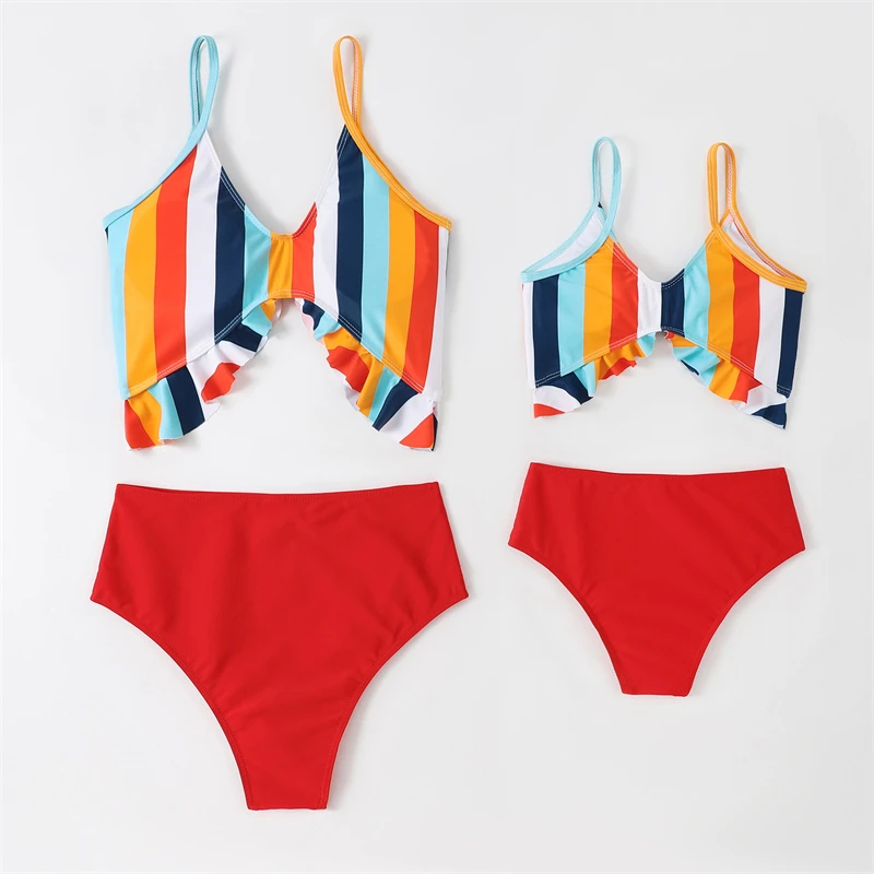 

Ruffled Mother Daughter Swimwear Family Look Striped Mommy and Me Matching Swimsuits Set Tank Women Girls Bikini Dresses Clothes