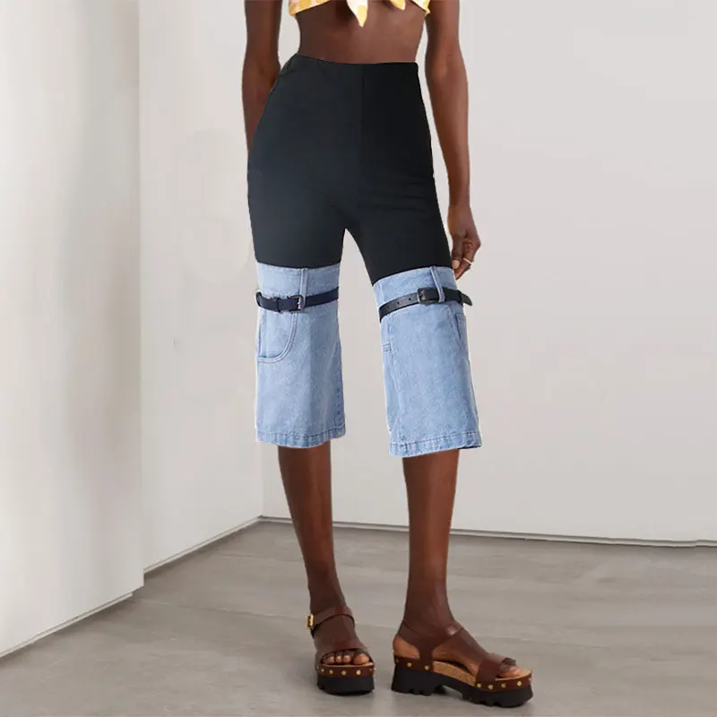 

2023 new high-waisted skinny knee splicing denim design sense fashion color contrast elastic belly retraction capri pants women