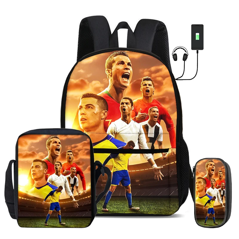 Фото Набор школьных сумок Ronaldo из 3 предметов: рюкзак с USB-интерфейсом, сумка через плечо CR Football Star, спортивная сумка для карандашей, детский рюкзак №2