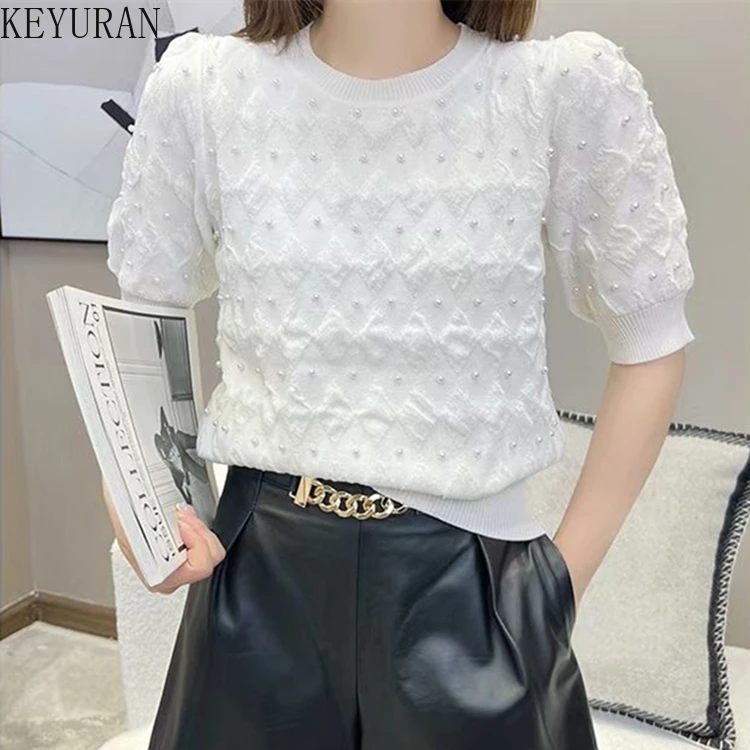 

Женский свитер с коротким рукавом, вязаный пуловер с бусинами и пышными рукавами в Корейском стиле, весна-лето 2022