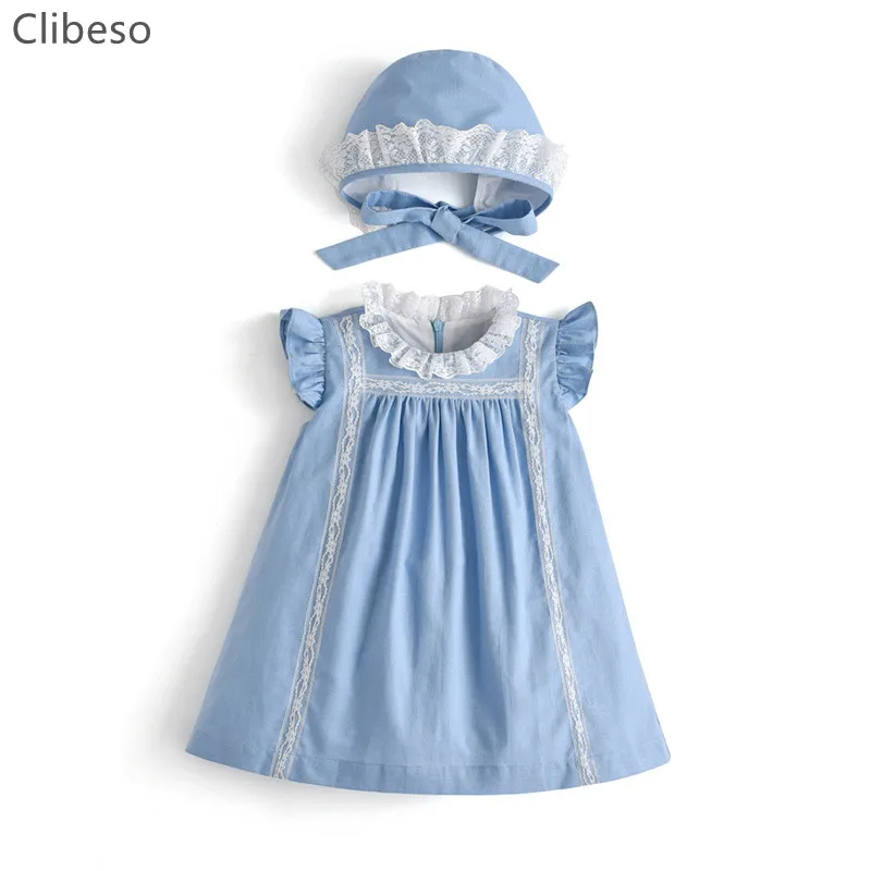 Clibeso Baby Mädchen Blau Leinen Kleid Kinder Spanisch Kleider Mädchen Boutique Geburtstag Kleider mit Hüte Geburtstag Urlaub Kleid
