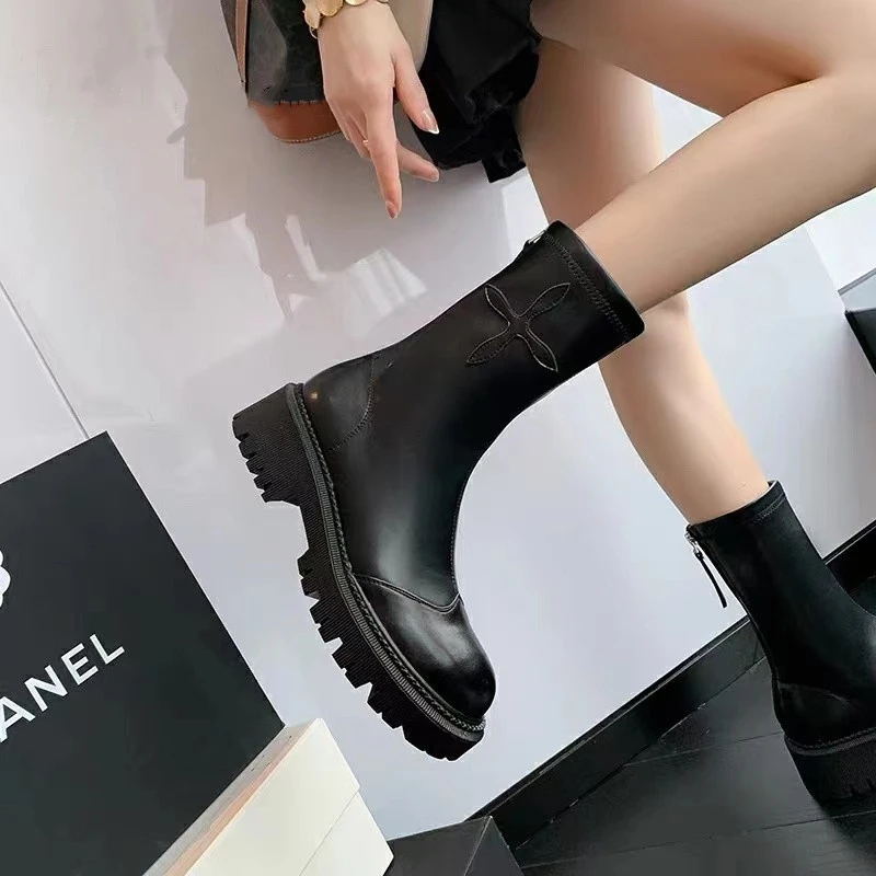 

Autumn Woman Boots Winter Stretch Shoes Platform Chunky Boots Black Beige Block Heel Tractor Booties Zipper Designer 2022 New