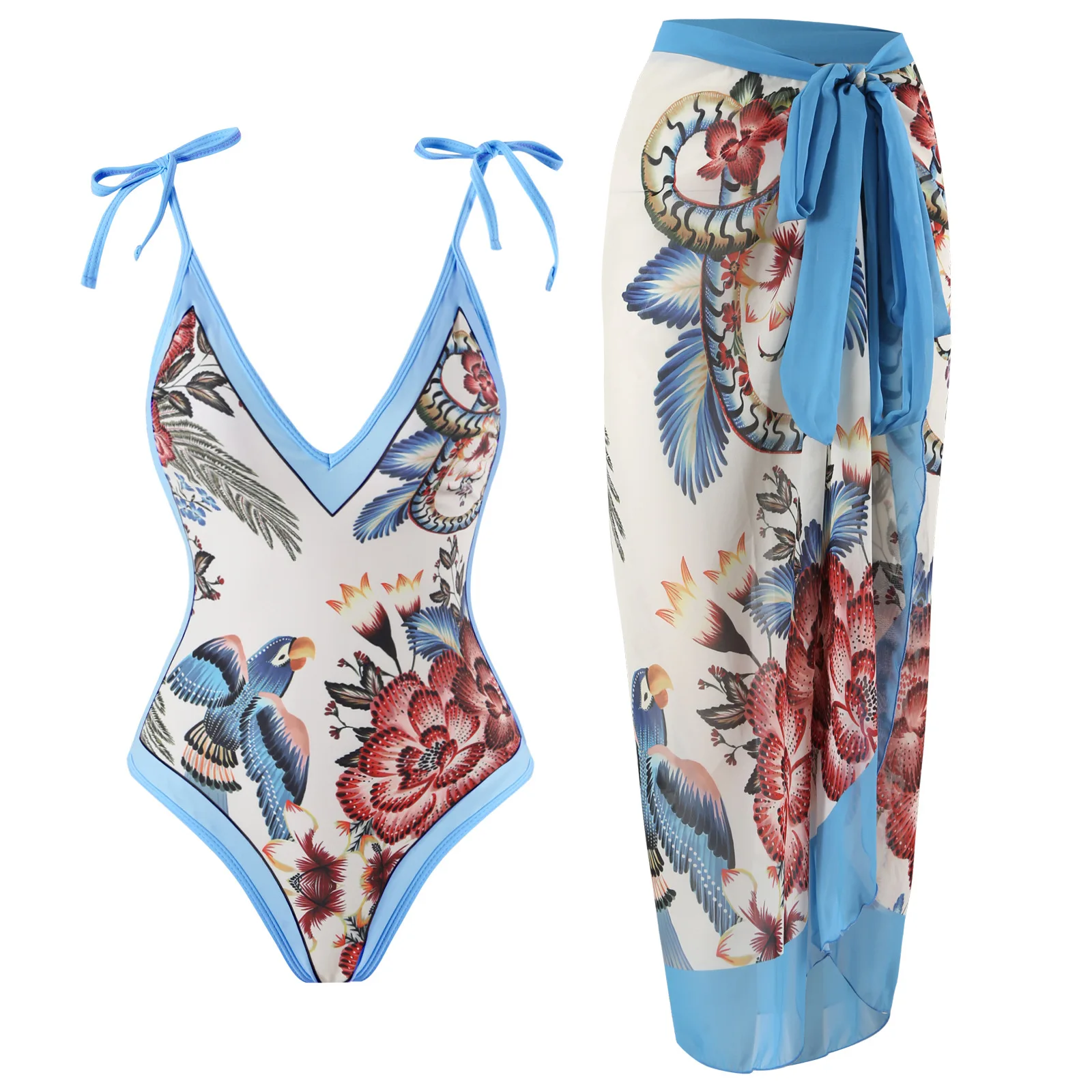 

NEW Women Swimwear With Cover-ups Retro Brazilian Swim Suit Luxury One-piece Backless Bathingsuit Vintage Floral Bird Print