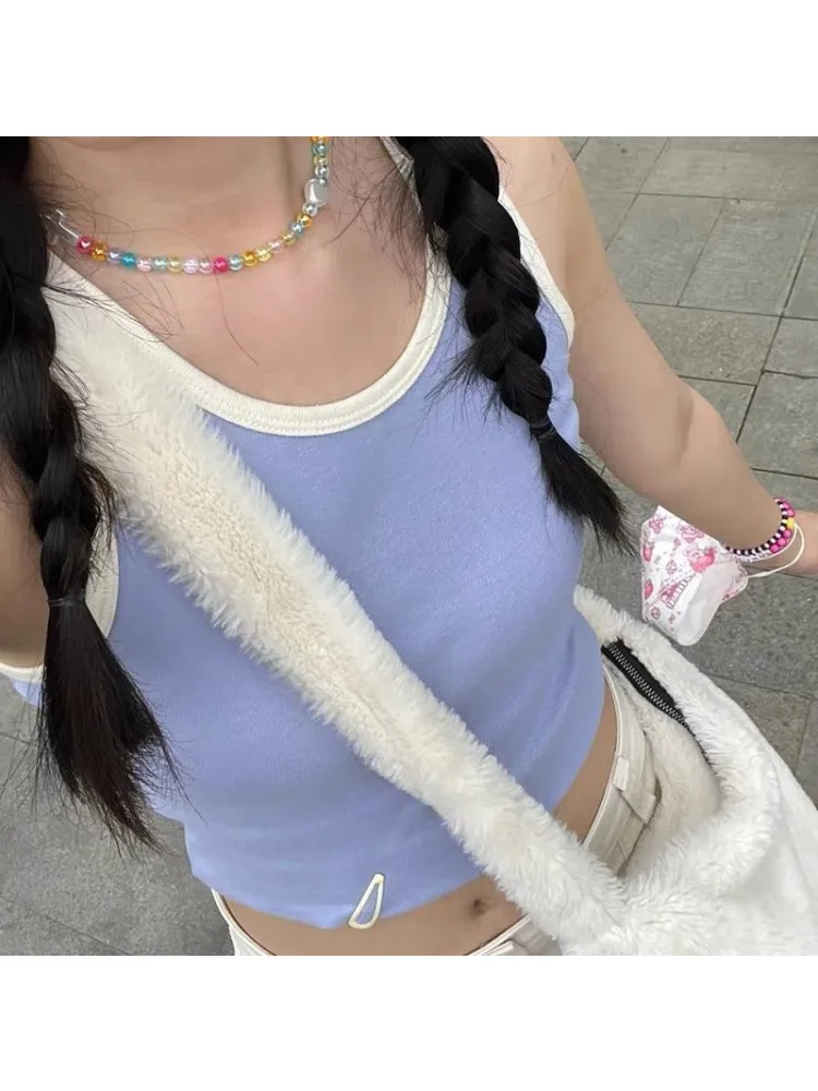 

Casual Women Blue O Neck Slim Soft Cotton Color Matching Tank 2022 Summer Fashion Ladies Casual Female Knitted Sleeveless Top