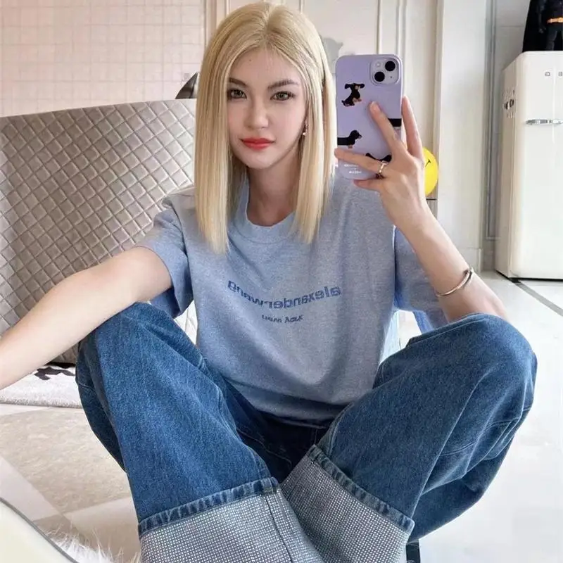 

AW T-Shirt Women's Summer Casual Fashion Short Sleeve T-Shirt New Loose Bling Sparkling Blue Half Sleeve Top Clothing gifts