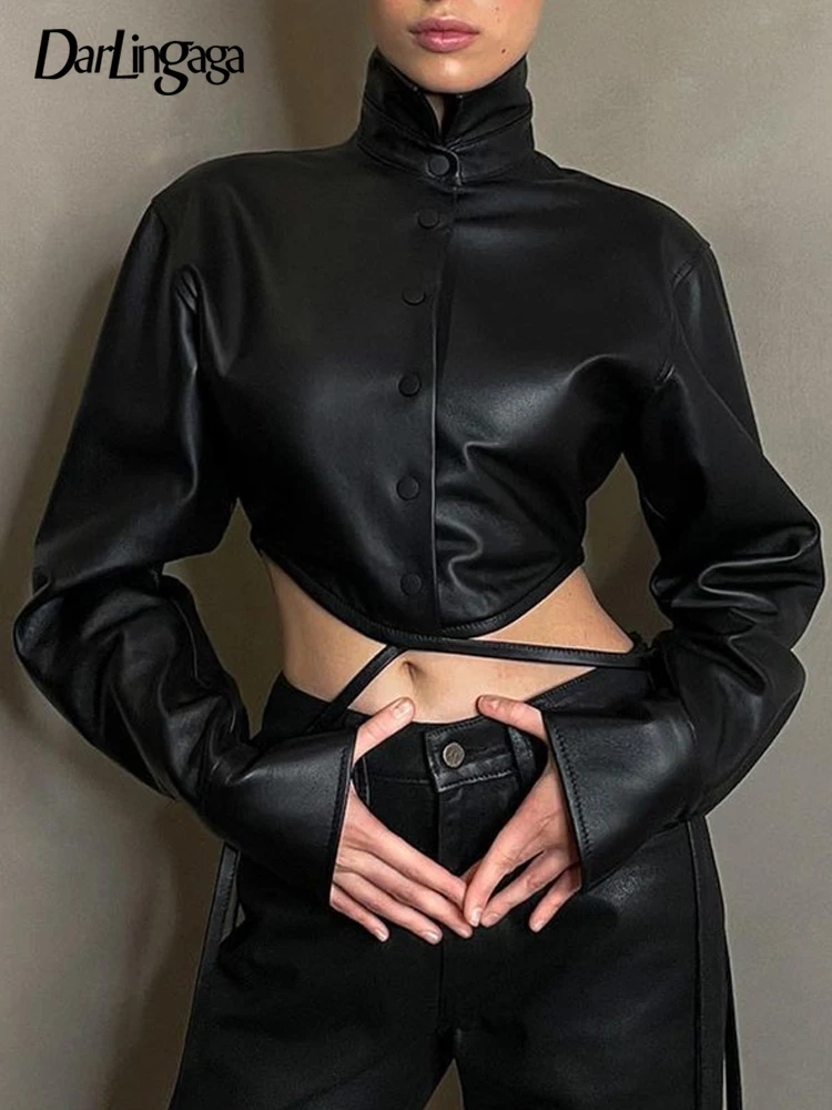 

Женская укороченная блузка из ПУ кожи, на пуговицах