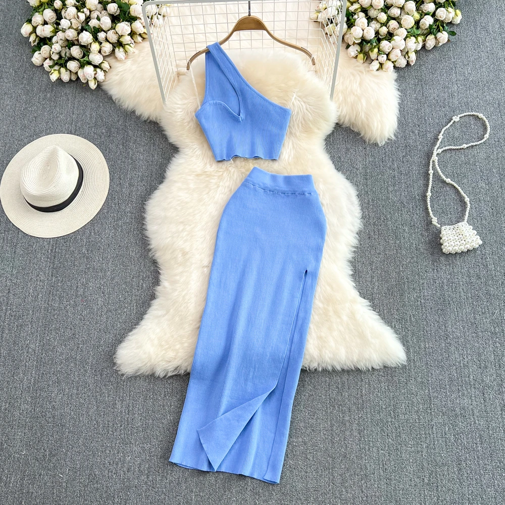 

Clothland women solid slim knitted suit two piece set skew collar short crop top long skirts female chic set TZ261