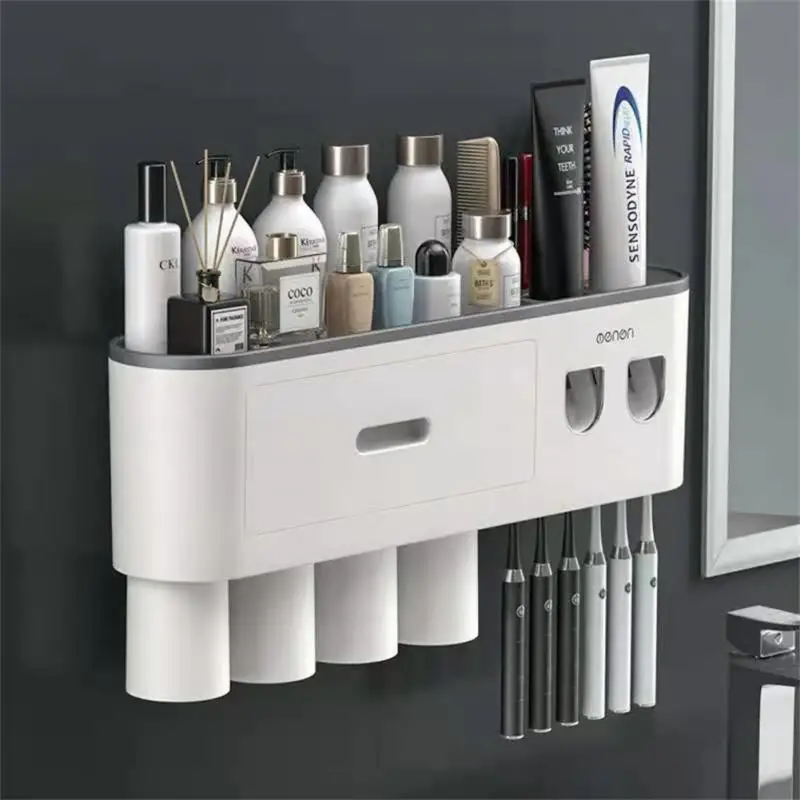 

Wall-mounted Toothpaste Dispenser Brushing Cup Mouthwash Cup Double Squeeze Toothpaste Device Bathroom Shelf Shelves Toilet