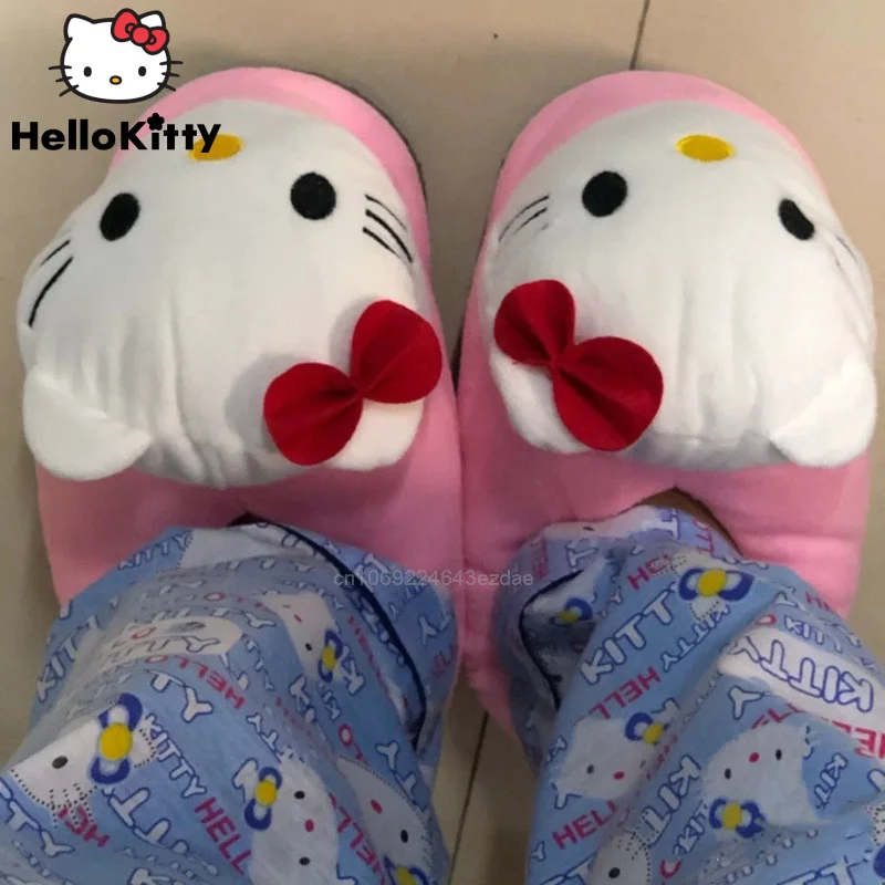 Sanrio-Zapatillas cálidas de felpa de Hello Kitty para mujer, zapatos planos de interior de algodón con dibujos animados, suaves y esponjosos, Y2k, Invierno