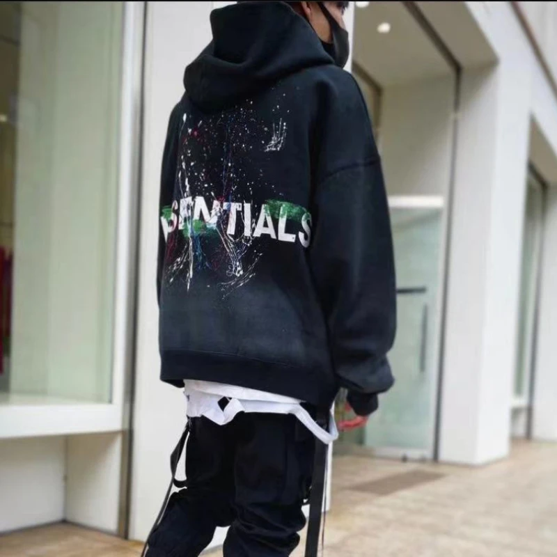 

Базовая толстовка с капюшоном, винтажный свитер унисекс с принтом брызг-краски, модный Свободный Топ в стиле хип-хоп, уличный Готический сти...