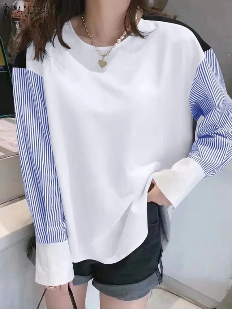 

Топ ZANZEA Женский Повседневный в богемном стиле, элегантная Свободная рубашка на пуговицах, с круглым вырезом, в полоску, в стиле пэчворк, в ст...