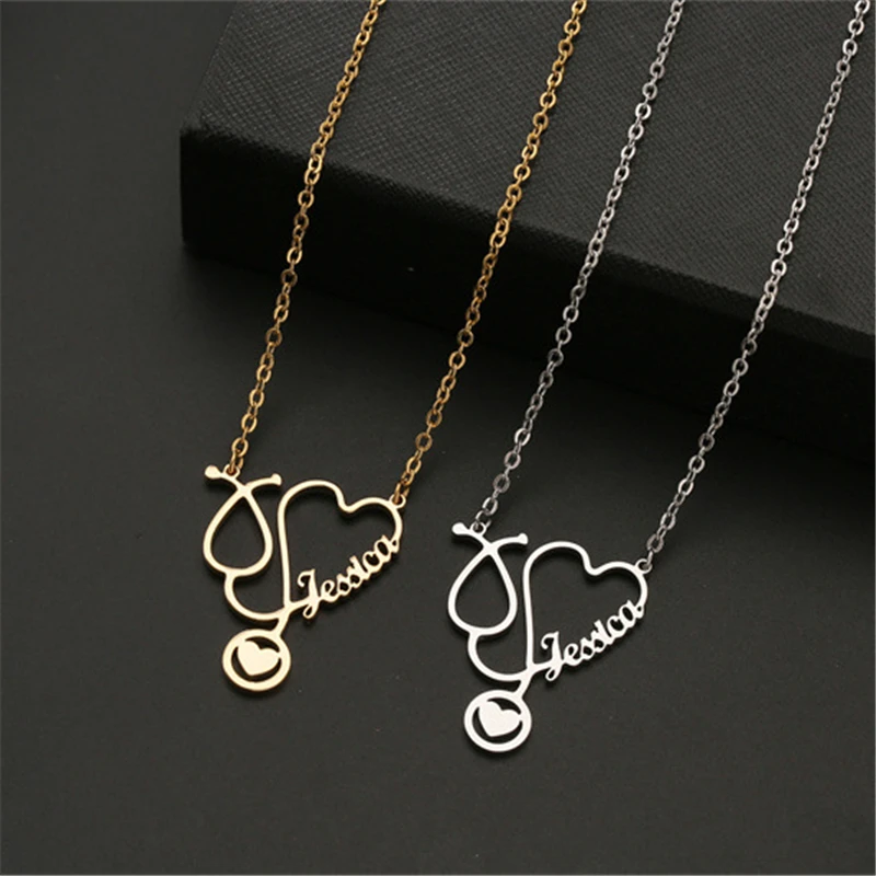 

Customized Stainless Steel Heart Stethoscope Pendant Necklace for Women Custom Personalized Nameplate Jewelry Necklace Gift