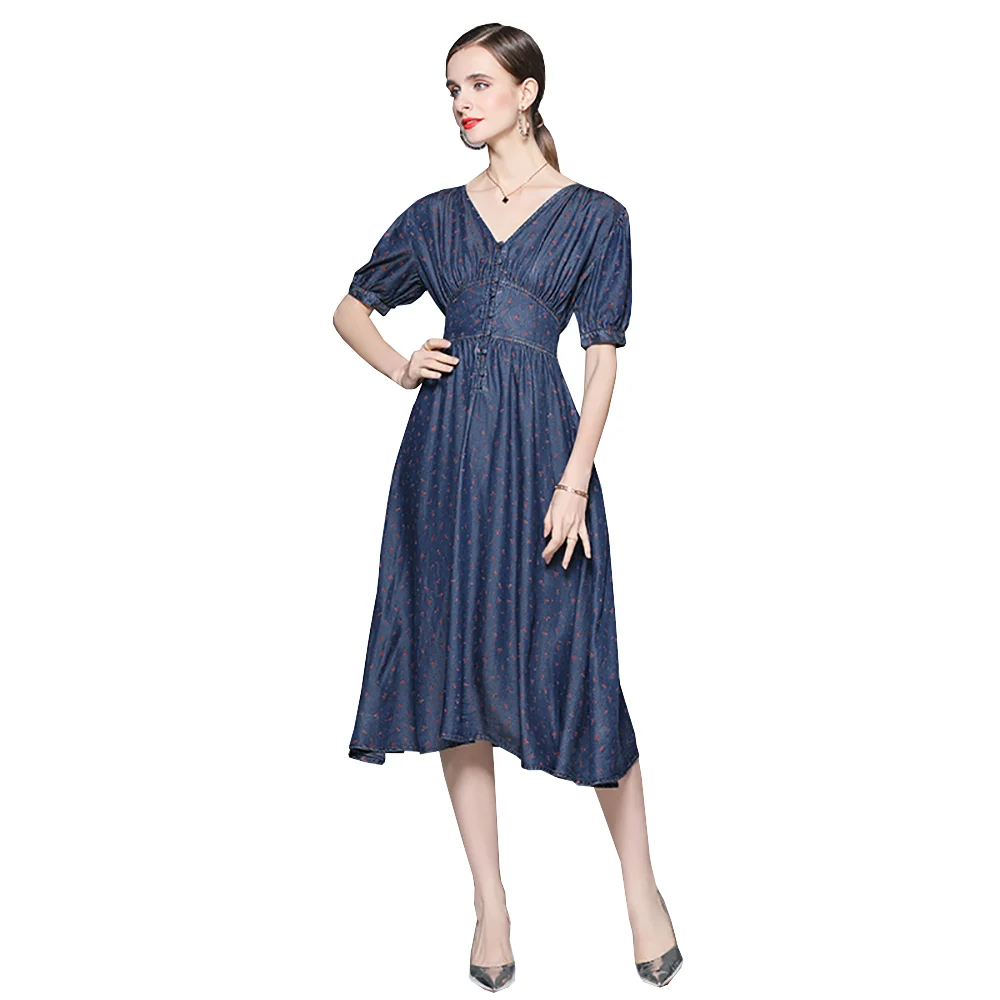 

Summer Waist slimming Long style Dress Banquet popular design Thin Blue Printed pattern Denim Dress elegant Vintage Style Dress