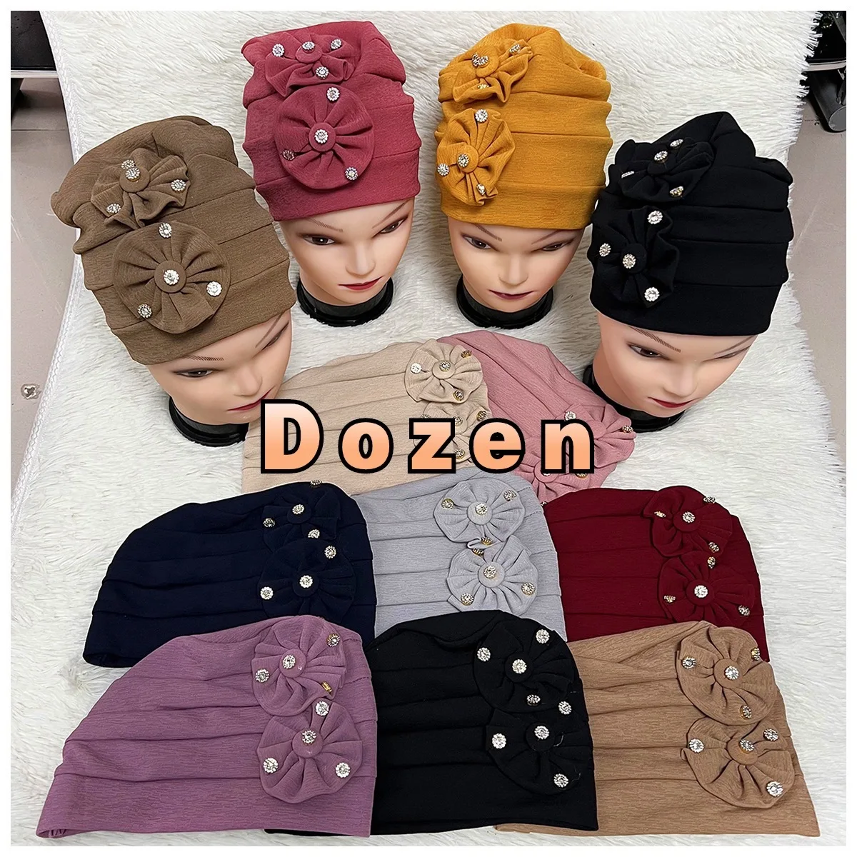 

2023 New Personality Fashionable Muslim Women Headscarf Space Layer Fabric Applique Headwear Solid Indian Bean Hair Hat Lady Hat